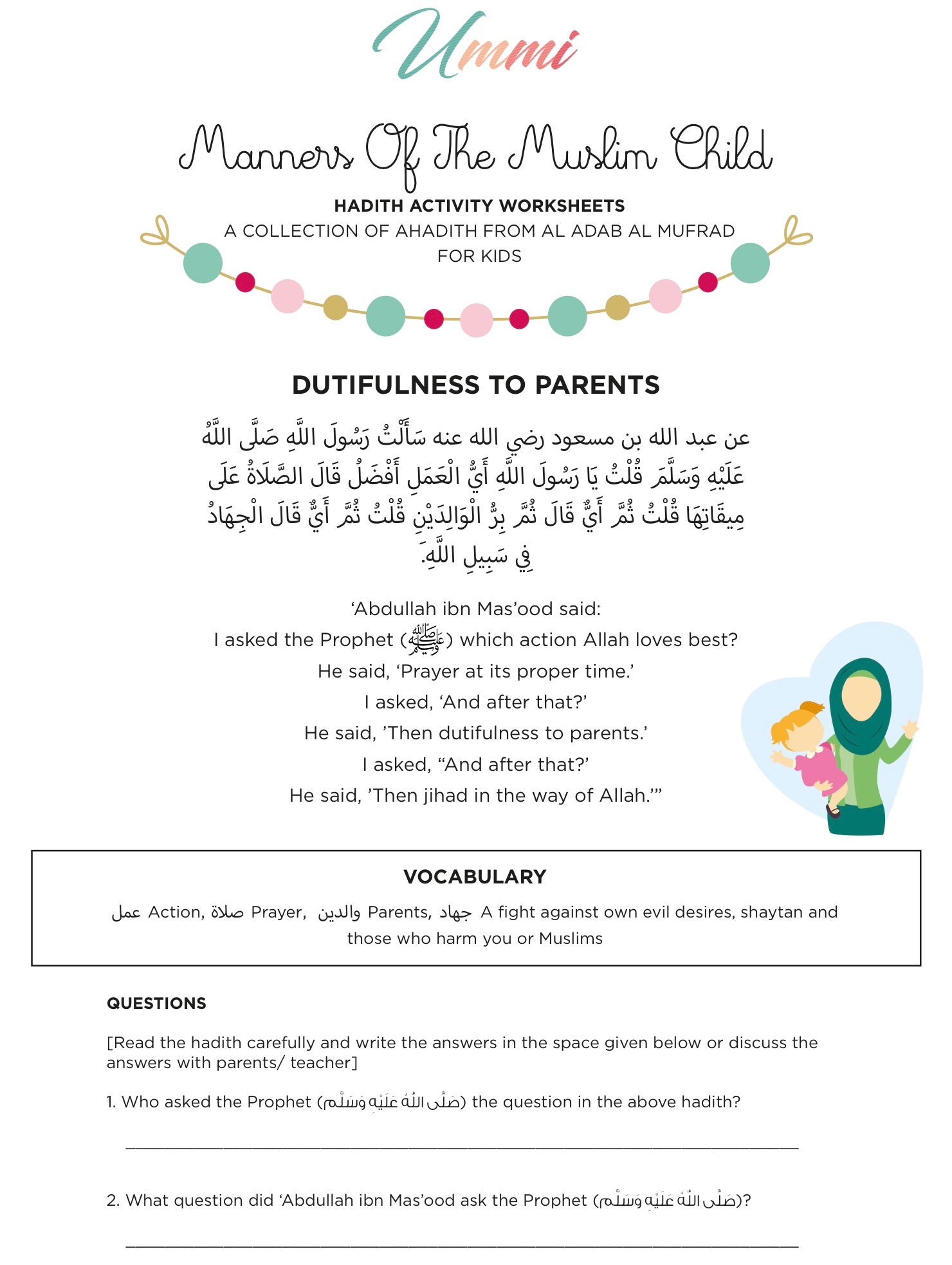 hadith activity worksheets for kids ummi islamic parenting education